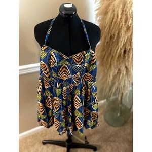 MODA International Blue Orange Yellow African Print Halter Romper Size S